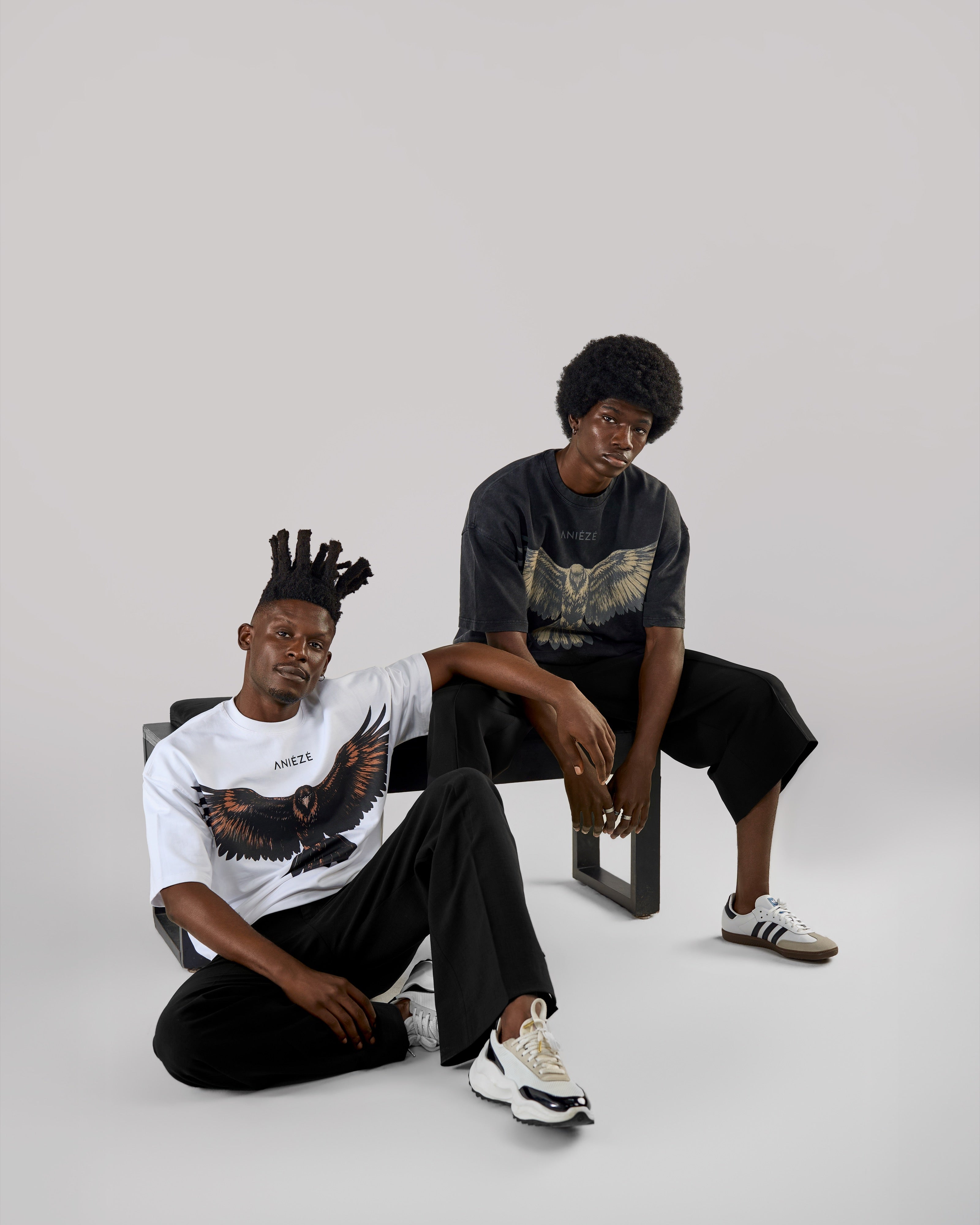 ANIÉZÉ Ascension Tee, Pearl Ivory and Vintage Onyx worn together