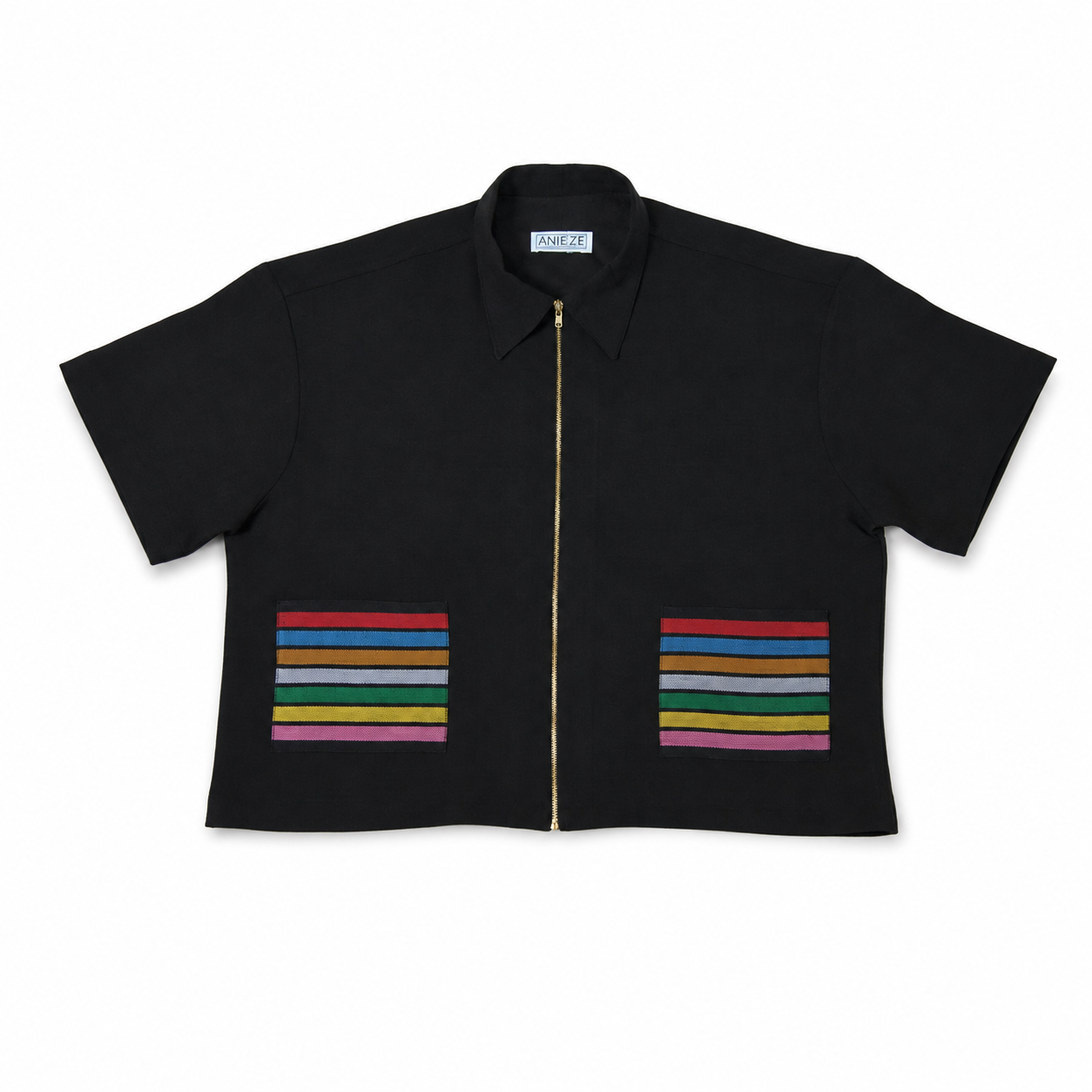 ANIÉZÉ Frame Set zip shirt, flat lay front with Aso-Òkè accent pockets