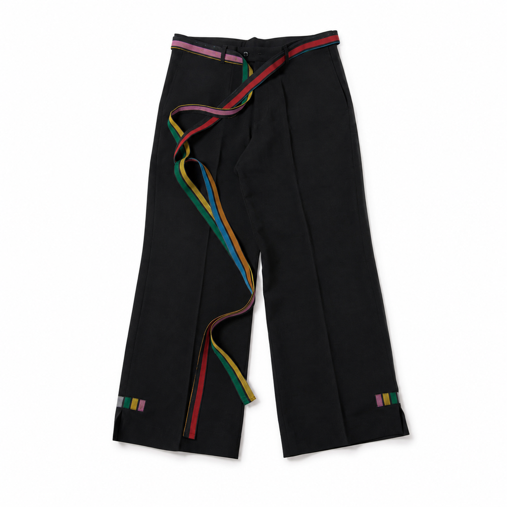 ANIÉZÉ Frame Set trousers, flat lay with Aso-Òkè sash belt