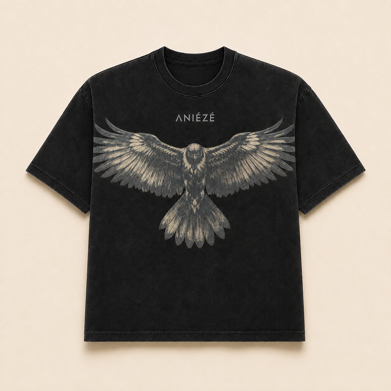 ANIÉZÉ Ascension Tee in Vintage Onyx, front view with eagle artwork